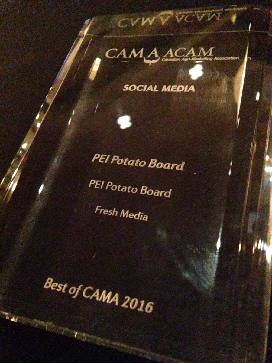 freshmediapei's tweet photo. Woo hoo #PEI! We won best social media @BestofCAMA for our @PEIPotatoes work! Tater-riffic! https://t.co/XqvWY8UNpG