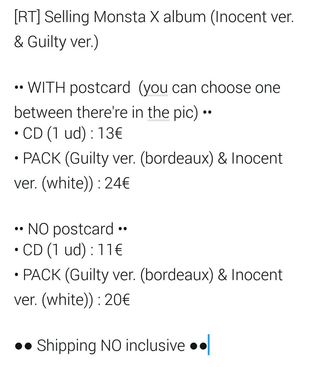rabbiwbebe's tweet photo. [RT pls] WORLDWIDE
Selling MONSTA X 4th mini-album
The Clan part. 2 (Inocent ver. &amp; Guilty ver.)

#monsta_x #Guilty #Inocent #TheClanPart2 https://t.co/UeM0kjFjob