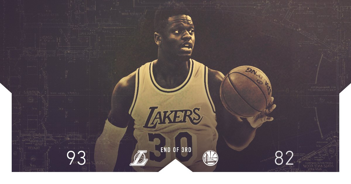Lakers's tweet photo. One more quarter left here in Downtown LA. 

@J30_RANDLE (14 points, 9 rebounds) and the guys are ready. https://t.co/v34cQbAXzB