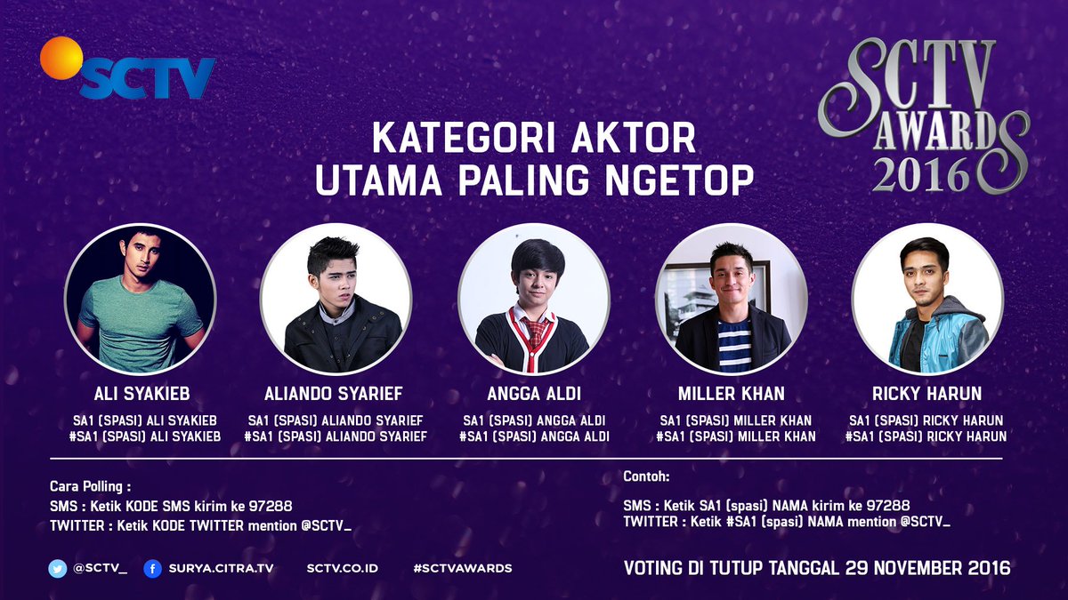 SCTV's tweet photo. Dukung Aktor Utama Paling Ngetop #SCTVAwards melalui Twitter, ketik #SA1(SPASI)Nama mention @SCTV_. https://t.co/aEMBJZu14D