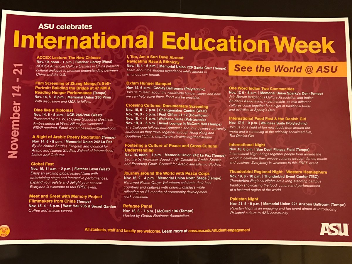 jeferris2020's tweet photo. Here's a list of events on campus during International Education Week at ASU #LSA191 https://t.co/zbOalIh47Q