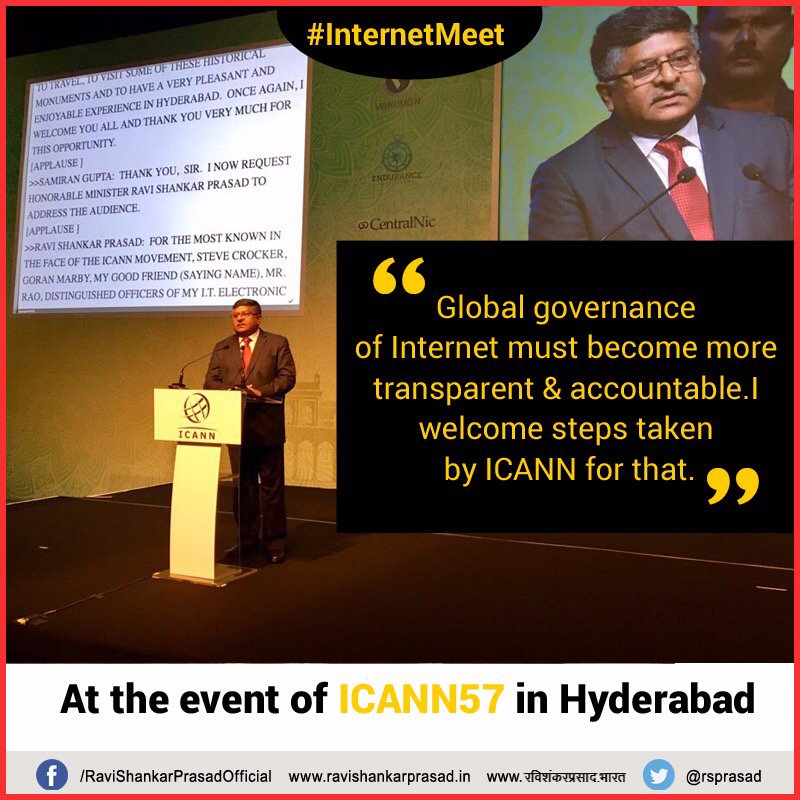 GoI_MeitY's tweet photo. IT Minister @rsprasad advocates for making Internet Governance more accountable &amp; transparent. #internetmeet #ICANN57 https://t.co/6v1P66v4Ts