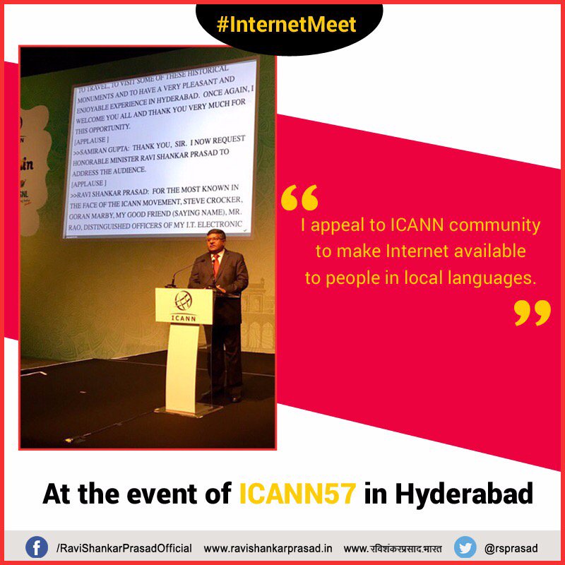 GoI_MeitY's tweet photo. IT Minister @rsprasad advocates for making internet available in local languages. #internetmeet #ICANN57 https://t.co/FR8zoYhVPN