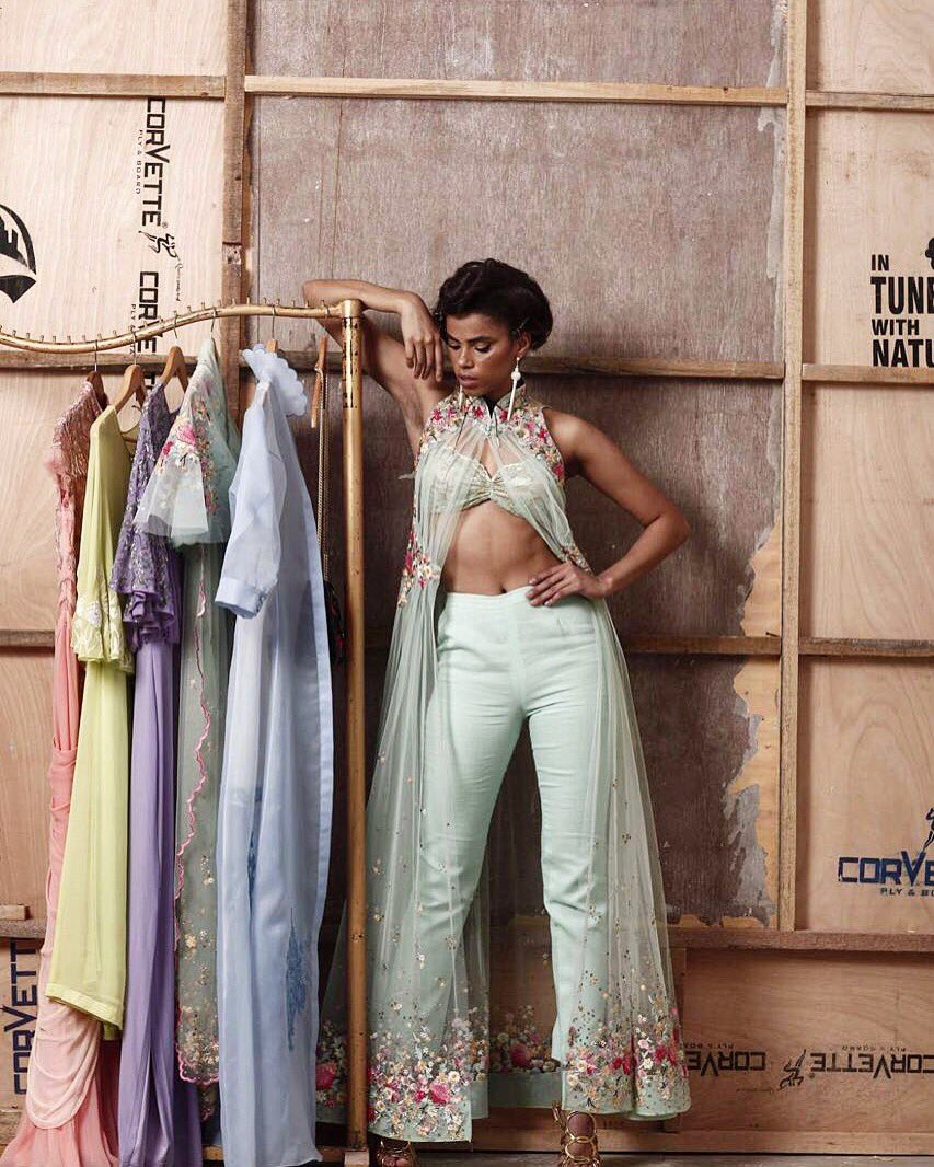 Flora pleated long jacket with pencil trousers and chantle bustier. Shop and customize now! To place your order, contact us +91 99-10-42391
