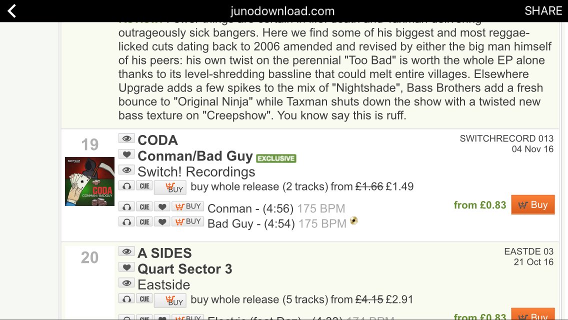 thatdjcoda's tweet photo. Conman / Bad Guy in at position 19 in the @junodownload charts! @SwitchRecs 🔊🔊🔊#Dnb #charts #jumpup #jungle #roller #dj #coda #switch https://t.co/yAAyM64reQ