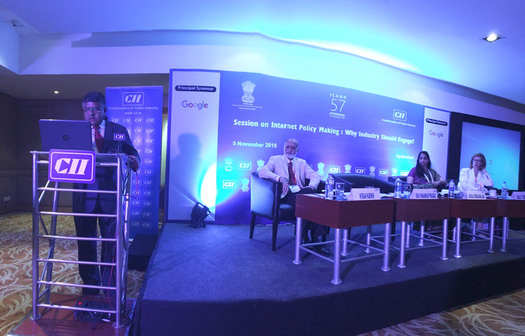 GoI_MeitY's tweet photo. Minister @rsprasad is addressing the Session on Internet Policy Making organized by #CII. #InternetMeet #ICANN57 https://t.co/AEZlH9r92r