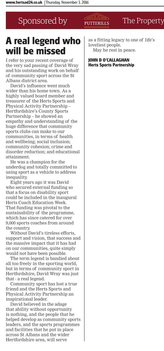 CityYouthFC's tweet photo. A tribute to the legacy of David Wray in this weeks @hertsad from @sportinherts John O'Callaghan #RIPDavidWray https://t.co/aUNPsPdLpx