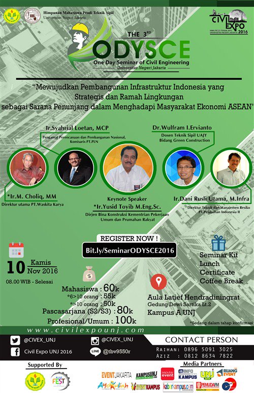 nasehat_bijak_'s tweet photo. Civil Expo UNJ : ODYSCE | 10 November | @ Aula Latief Hendradiningrat, Gedung Dewi Sartika Lt. 2 Kampus A UNJ | Info: @Civex_unj https://t.co/iPTpXJPpKw