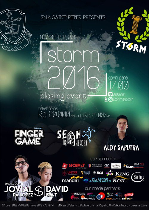 EventJakartaCom's tweet photo. #Storm2016 Closing Event | 12 Nov’16 @ SMA Saint Peter, Kelapa Gading, Jakarta | CP : 083875182802 https://t.co/TWqPvG44Xc
