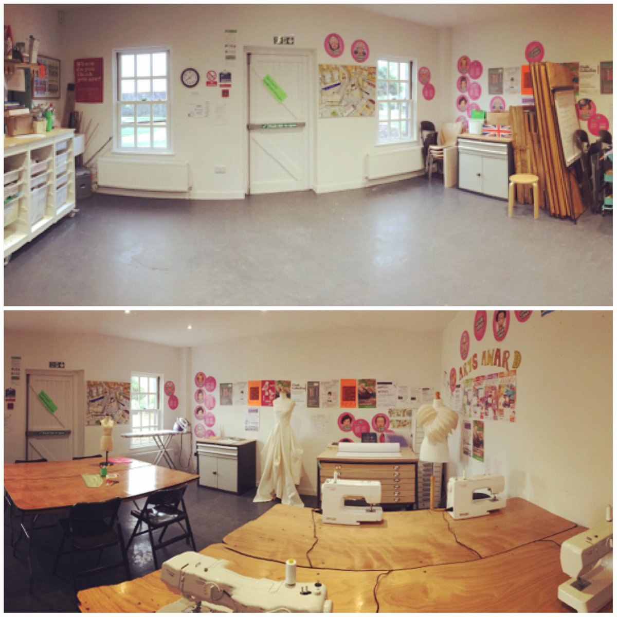 coxeylou's tweet image. Studio before and after @metalsouthend.  All set up and ready to go!✂️✂️✂️
#fashionworksuk #creativepatterncutting  #masterclass #fashion