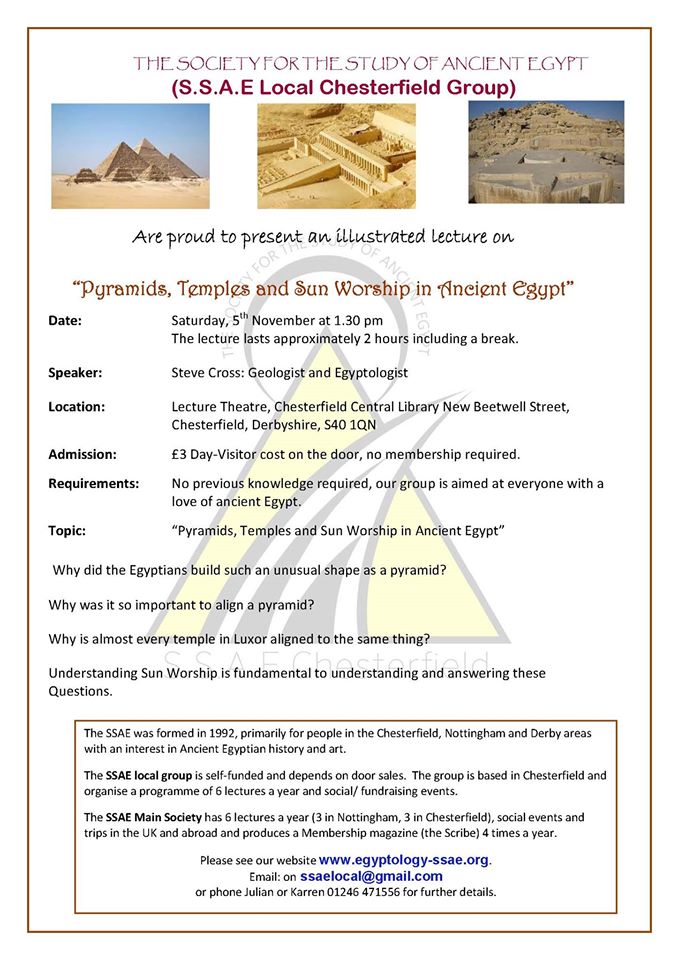 ssae's tweet photo. Not long now. Be at #ChesterfieldLibrary by 1:30 to meet #SteveCross for his talk on Pyramids, Temples and Sun Worship in Ancient Egypt. https://t.co/RLPXyjFeCx