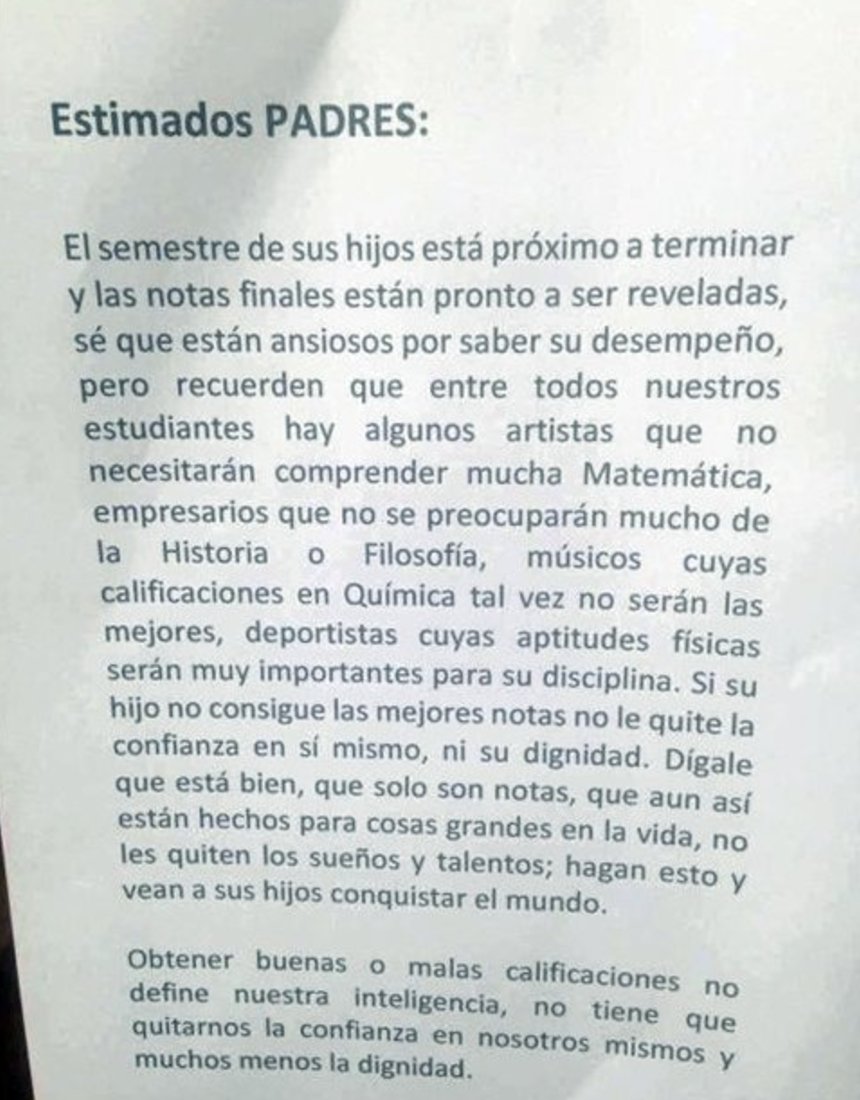 Rafael_Vidac's tweet photo. Carta de un profesor a los padres: "si su hijo no obtiene las mejores notas, no le quite la confianza ni su dignidad" #educacion https://t.co/YITISpmj2m
