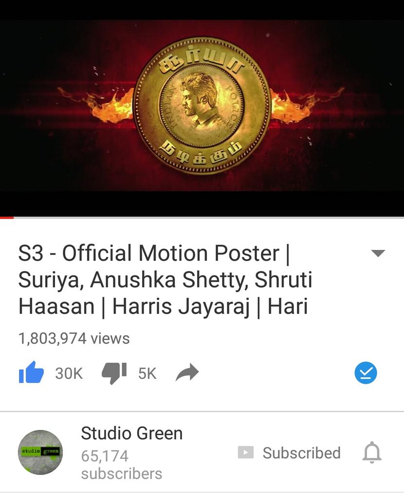 AbineshHking's tweet photo. #S3MotionPoster Moving to 2M with the 30k likes ...Roaring nearer to break the record @Suriya_offl @rajsekarpandian @StudioGreen2 https://t.co/IjSYW6qE5z
