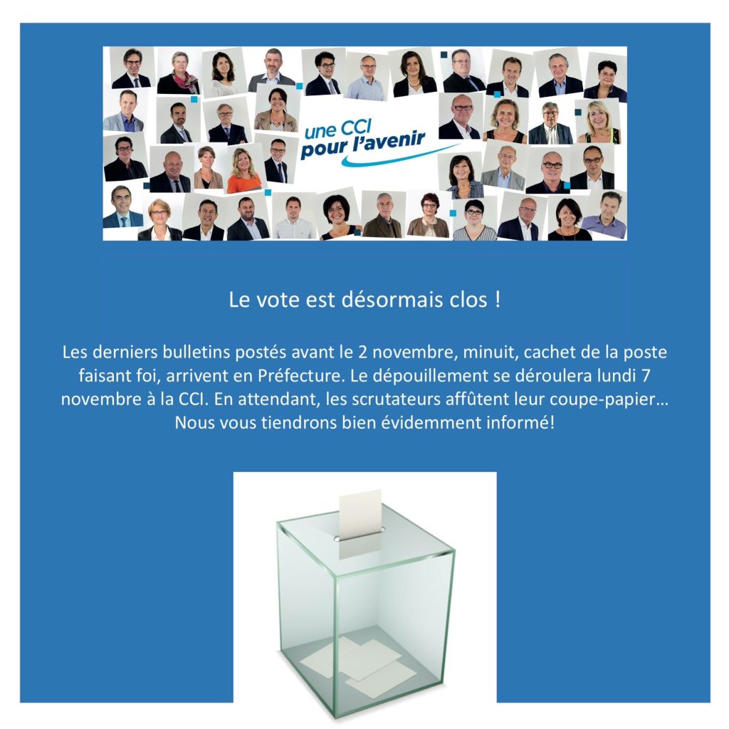 avenirCCI's tweet photo. Le vote est désormais clos! Le dépouillement se déroulera  lundi 7 novembre à la CCI...   @CCIAmiens @MedefSomme https://t.co/UBNn7aV7R6