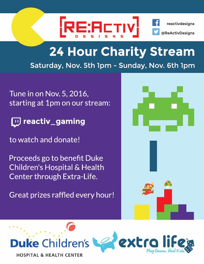 ReActivDesigns's tweet photo. Come check out our 24 hour Twitch Stream: https://t.co/EkxBxJzOVz for Extra Life Children's Charity: https://t.co/t85QUkDkJJ #ReActivFAM https://t.co/kx8weswL0J