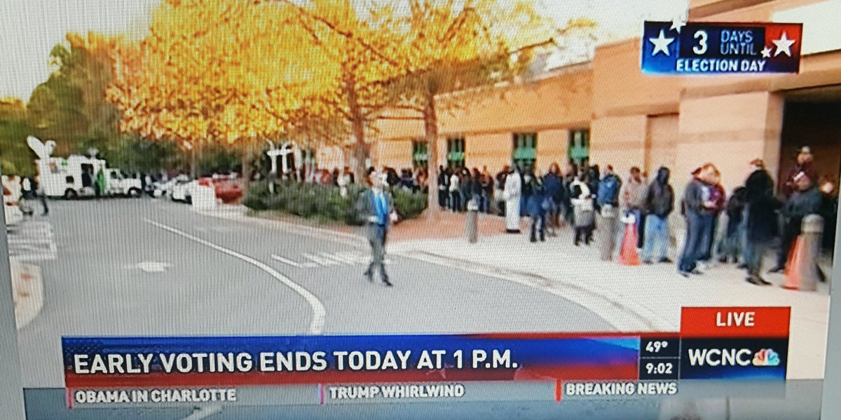 Iddybud's tweet photo. Screenshot via @wcnc Charlotte showing #earlyvoting enthusiasm, commitment, & patience at University City Regional library. Line around bldg https://t.co/fAD6OiZjfX