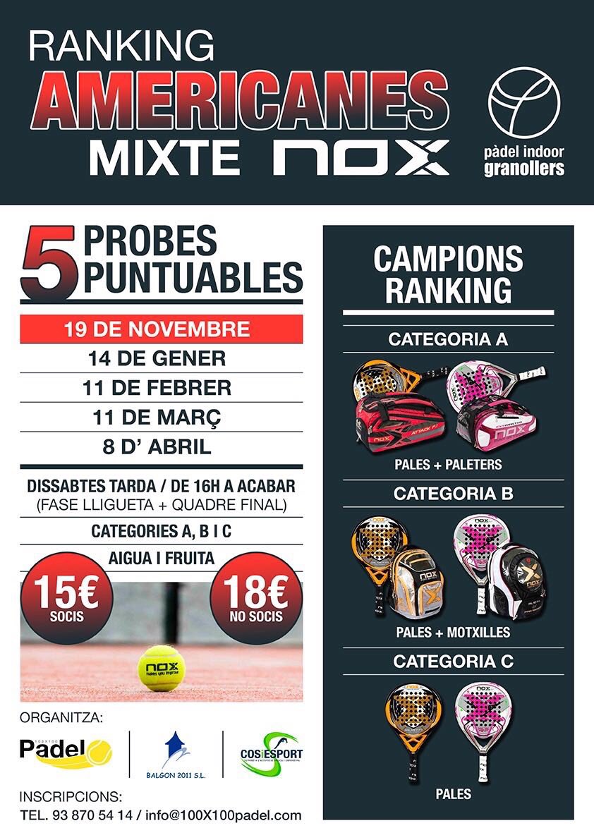 "SÁBADOS DE AMERICANAS Mixtas" En Padel Indoor Granollers
•Con premios increíbles !! 
No te lo podes perder!!