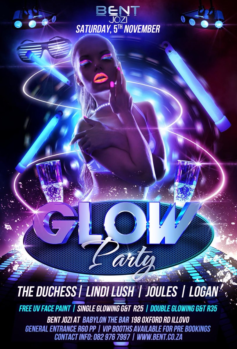 Tonight 5 Nov <a href="/BENTJozi/">BENT Jozi</a> GLOW party at Babylon Illovo, let's GLOW crazy 😉
