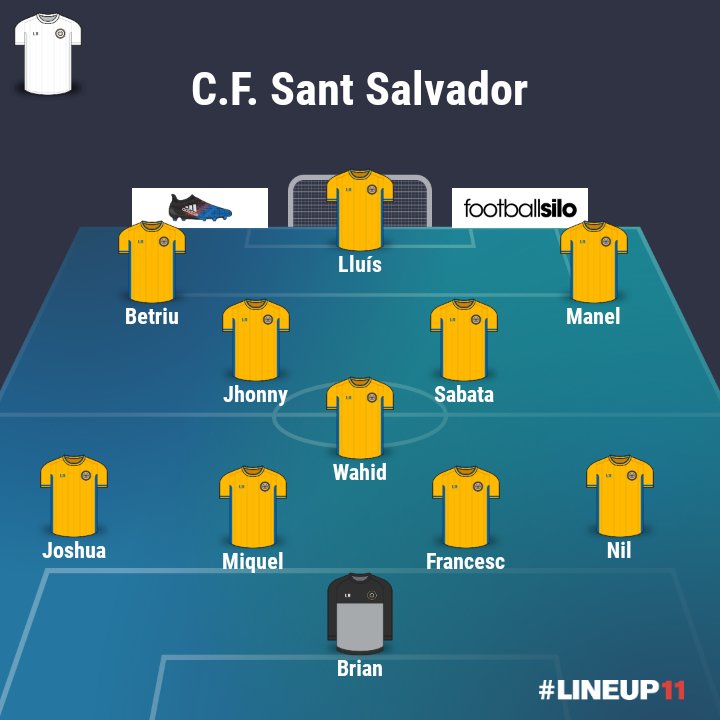 #lineup11 Avui a 16:00 <a href="/CFSantSalvador/">C.F. Sant Salvador</a> surt amb aquest 11 per mirar d'aconseguir els 3punts davant <a href="/cfumirasolbaco/">CFU Mira-sol Baco</a> <a href="/EntreRivals/">Entre Rivals</a> <a href="/info3cat7/">3cat7</a>