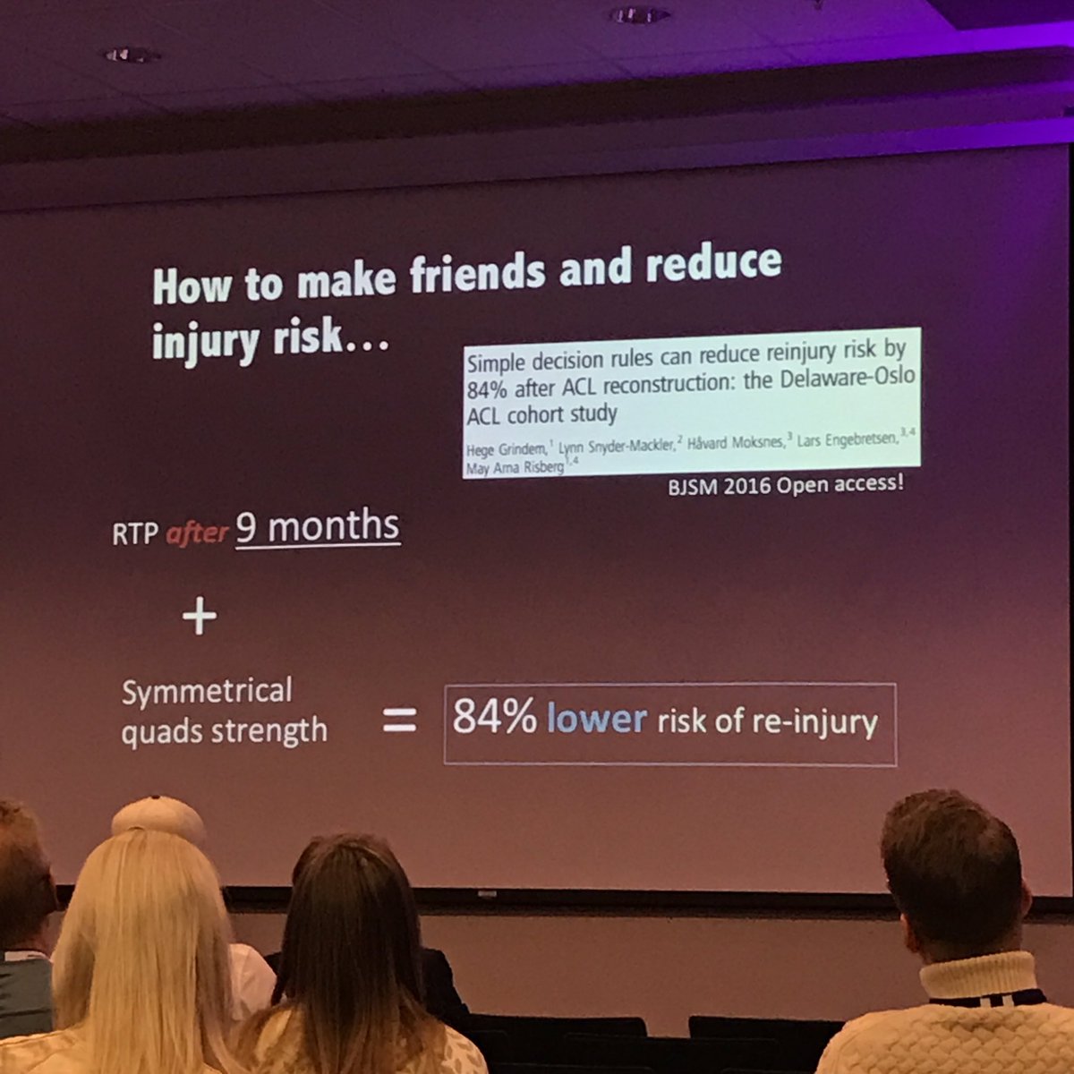 RTP after 9 months + symmetrical quad strength = 84% lower risk of re-injury after ACL reconstruction. #SportsMed2016