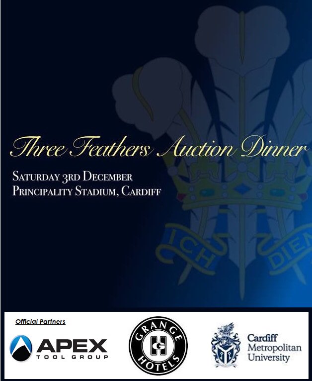 Delighted to announce our first official partners for the #3Feathers Auction Dinner <a href="/ApexPowerTools/">Apex Tool Group</a> <a href="/GrangeHotels/">Grange Hotels</a> <a href="/cardiffmet/">Cardiff Metropolitan University</a>