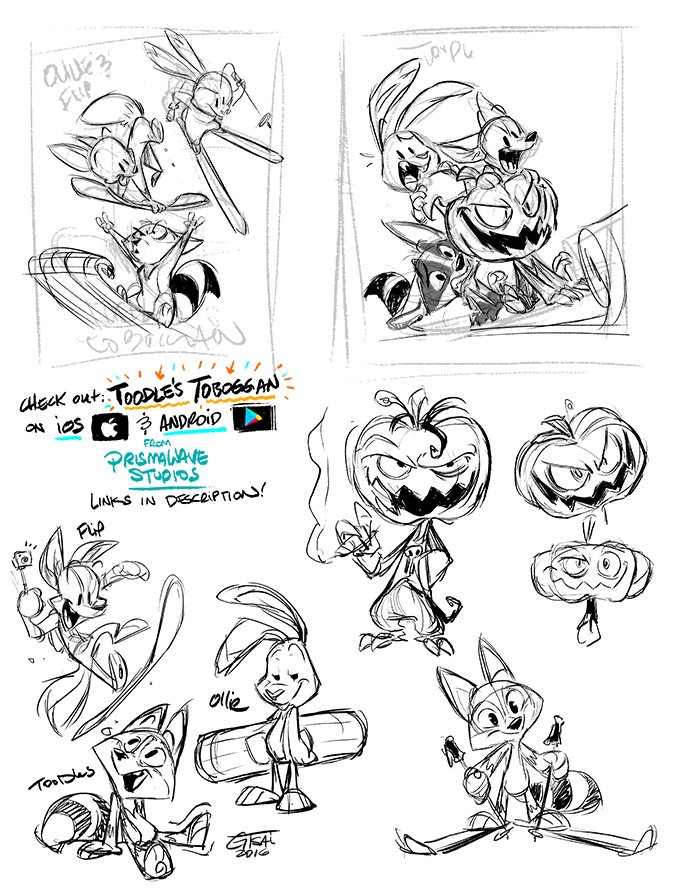 GenevieveTsai's tweet image. Final sketches from my #Halloween #livestream! Please check out #PrismaWave's new #ToodlesToboggan on iOS &amp;amp; Android! prismawave.com