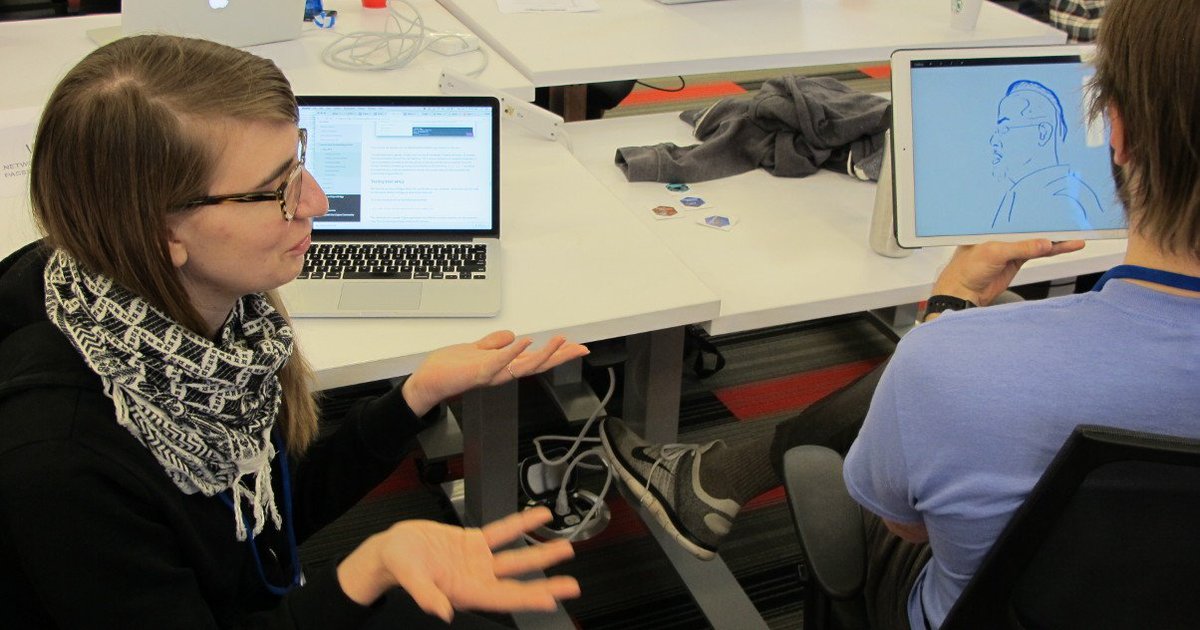 ClojureBridgeMN's tweet image. Real time collaboration: @metagpu teaches @alockstadt Clojure & she teaches him drawing (of @eniessenderry) @ClojureBridgeMN 🎓