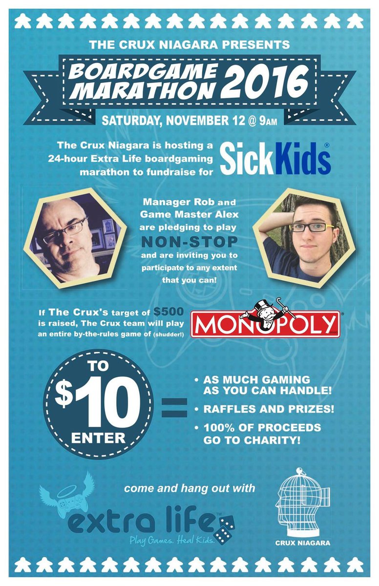 Rob and Alex are participating in a 24-hour board game marathon to support <a href="/CMNHospitals/">Children's Miracle Network Hospitals</a> through <a href="/ExtraLife4Kids/">Extra Life</a>. Come on out next Saturday!