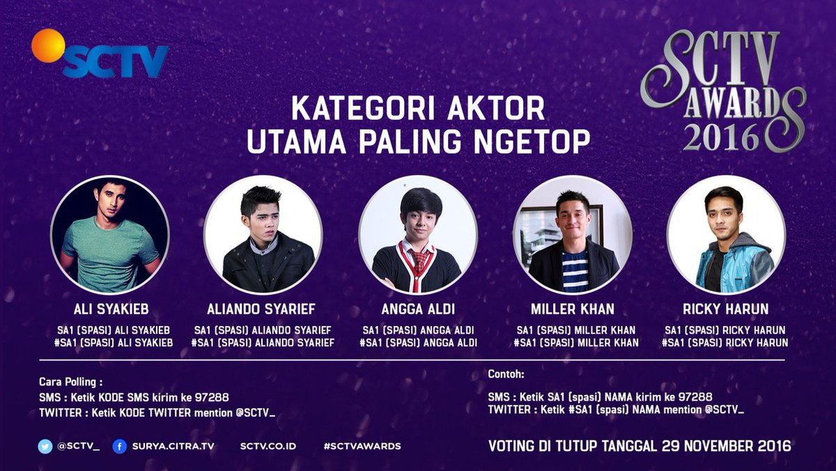 SCTV's tweet photo. Dukung Aktor Paling Ngetop #SCTVAwards ketik SA1(spasi)NAMA kirim ke 97288 atau melalui Twitter, mention #SA1(spasi)NAMA https://t.co/gRhGfOKLq6