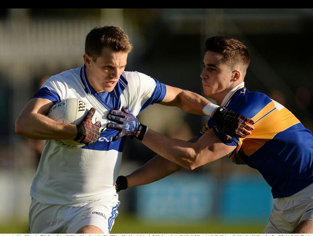 eoghandrumgoole's tweet photo. Congrats to @StVincentsGAA1 on another big win today. Great snap of @mossyquinn channelling his inner @BrianODriscoll here #DSFC2016 https://t.co/qoXzrTRWhe