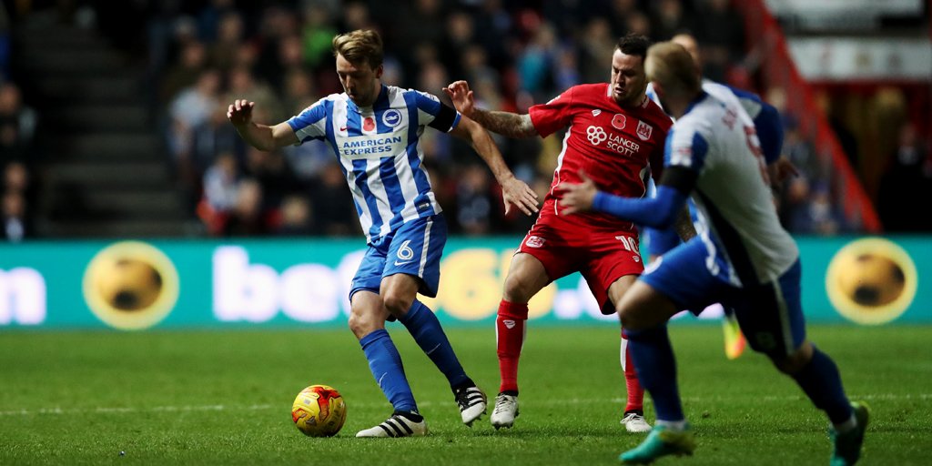 BHAFC's tweet photo. Dale Stephens keeps hold of possession. #BHAFC #BCFCvBHA https://t.co/YPlaI0tiI0