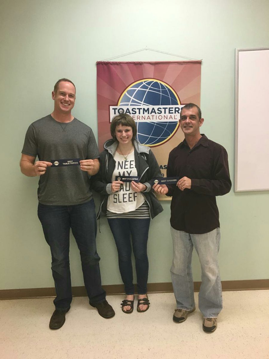 StowTM's tweet photo. From left to right: Best Table Topics= Patrick McKenna, Best Evaluation= Victoria Loomis, &amp; Best Speaker= Aaron Christian. Join us next week https://t.co/hbySpwX1C2