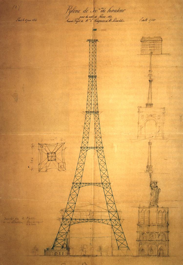 HistoryInPics's tweet photo. The first drawing of the Eiffel Tower, with a size comparison to other landmarks, by Maurice Koechlin, 1883. https://t.co/NLorJ3DAW4