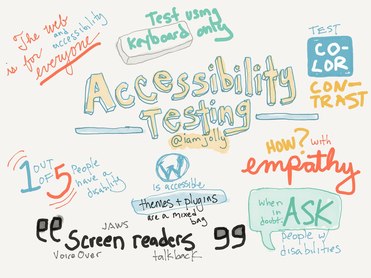 kellychoffman's tweet photo. Sketch notes from Accessibility Testing with @iamjolly at #wcdenver https://t.co/LIvrPzB2TW