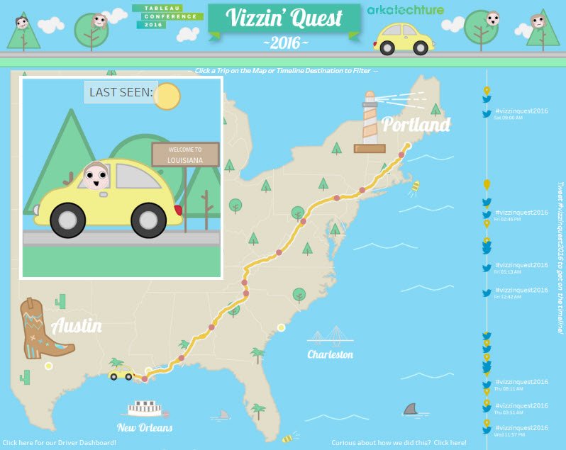 tableau's tweet photo. #VizzinQuest2016: The @Arkatechture road trip is coming to an end. We can't wait to see all of you at #data16! https://t.co/xK454B88xJ https://t.co/zbvJ0Iubat