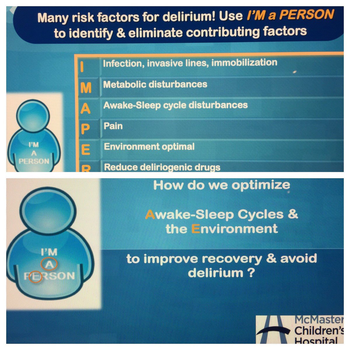 karen_choong's tweet photo. Delirium prevention using I'm a person mnemonic #PADbundle #PICUliber8 @mch_childrens @CupidoCynthia @TavaresFil https://t.co/sFcmDukFbM