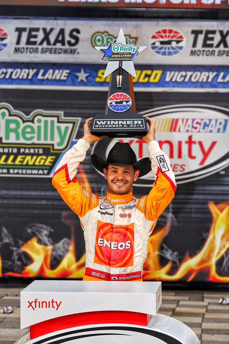 ActionSports's tweet photo. .@KyleLarsonRacin shows off his newest trophy after winning the #oreillychallenge | @CGRnascar @CGRTeams #NASCAR https://t.co/gHydvV5REt