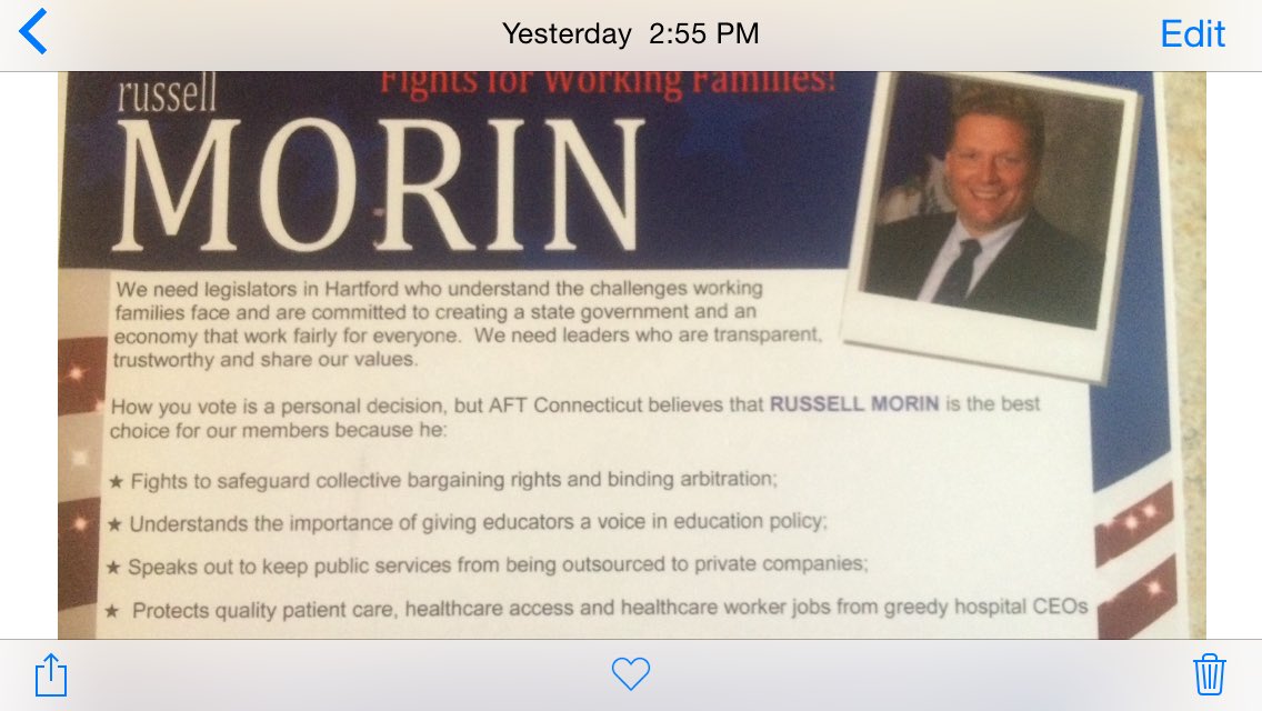WethersfieldDTC's tweet photo. Thanks to @AFTCT for recognizing the great work of @MorinRuss. Teachers support Russ because he supports education! https://t.co/Mma9qezj1O
