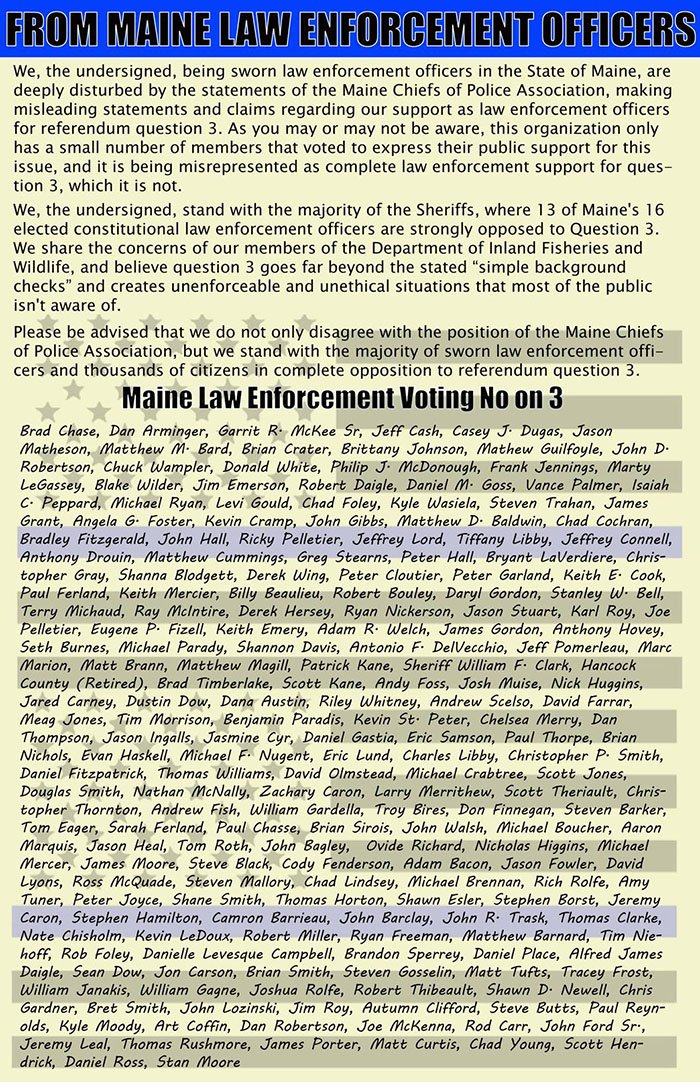 GunOwnersME's tweet photo. @VoteYesMaine Who will you listen to -- biased editors, or our police? Real cops say No! on 3. #mepolitics #YesOn3 #NoOn3 https://t.co/IJn4tWxeKL