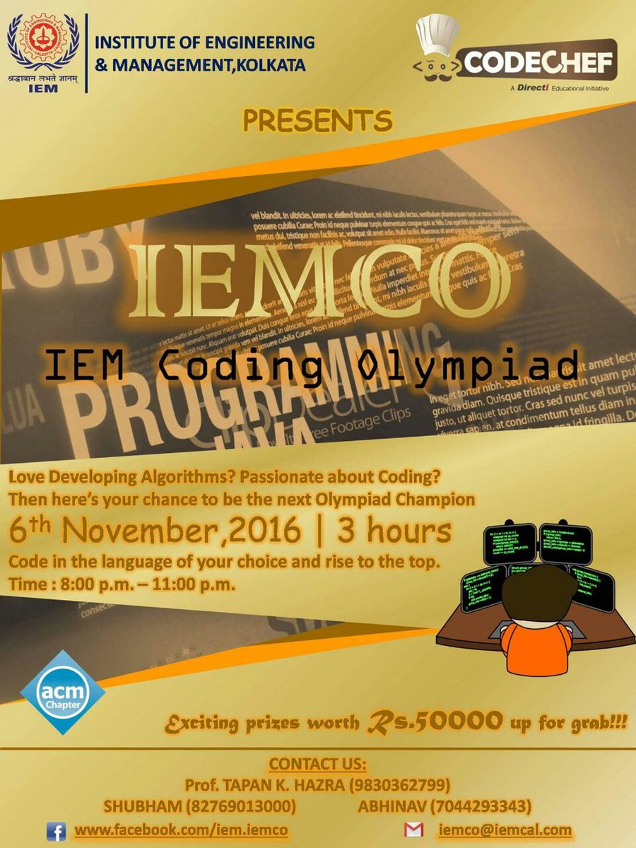 aniket7824's tweet image. Only few hours left to start IEMCO (IEM #CodingOlympiad ) Register for your team now at the links below:
codechef.com/IEMCO16