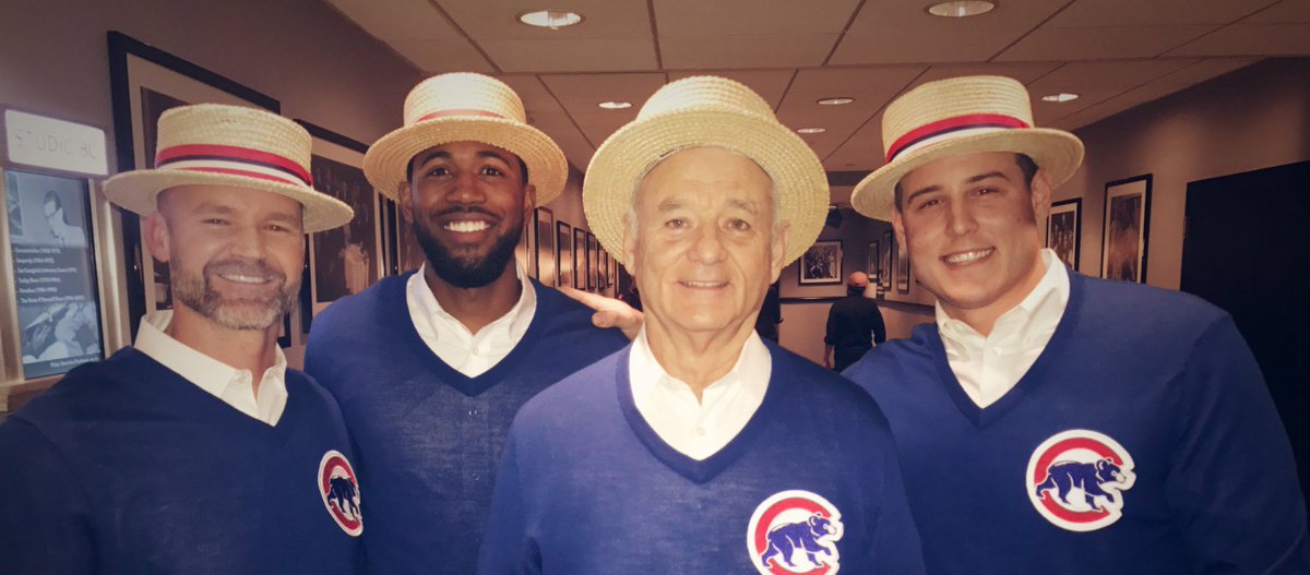 Cut4's tweet image. Watch @ARizzo44, @D_Ross3 and @DexterFowler sing "Go Cubs Go" with Bill Murray on @nbcsnl: atmlb.com/2eL0sOQ