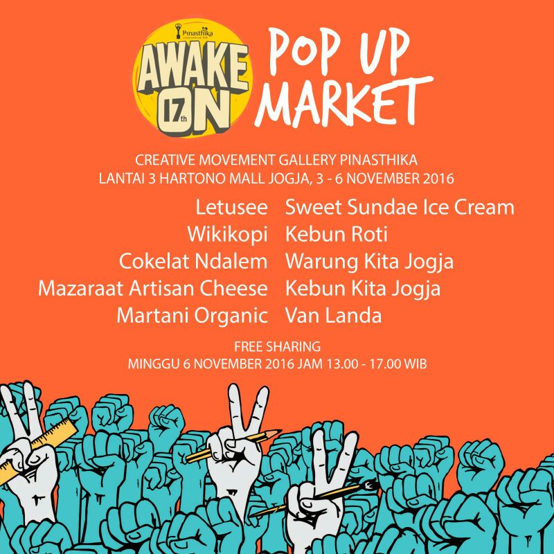 PinasthikaFest's tweet photo. Mandi, dandan sudah, kuy kumpul sama mimin di Free Sharing Pop Up Market di Creative Movement Gallery. Sebentar lagi mulai nih #AwakeON https://t.co/21DIae0LPb