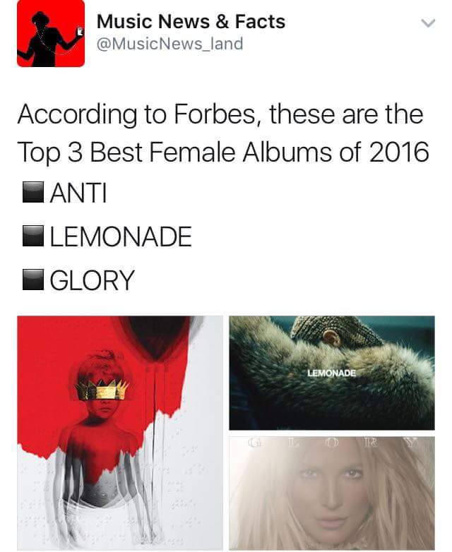 #Glory #Anti #Lemonade best Female Albums of 2016 by <a href="/Forbes/">Forbes</a> 👌#queens