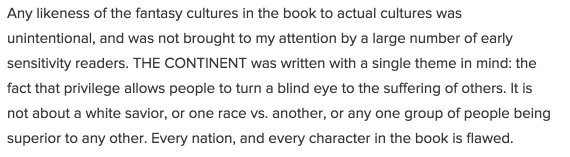 Drake's statement about #TheContinent also says she had sensitivity readers on the manuscript: https://t.co/dNv92rgWoP