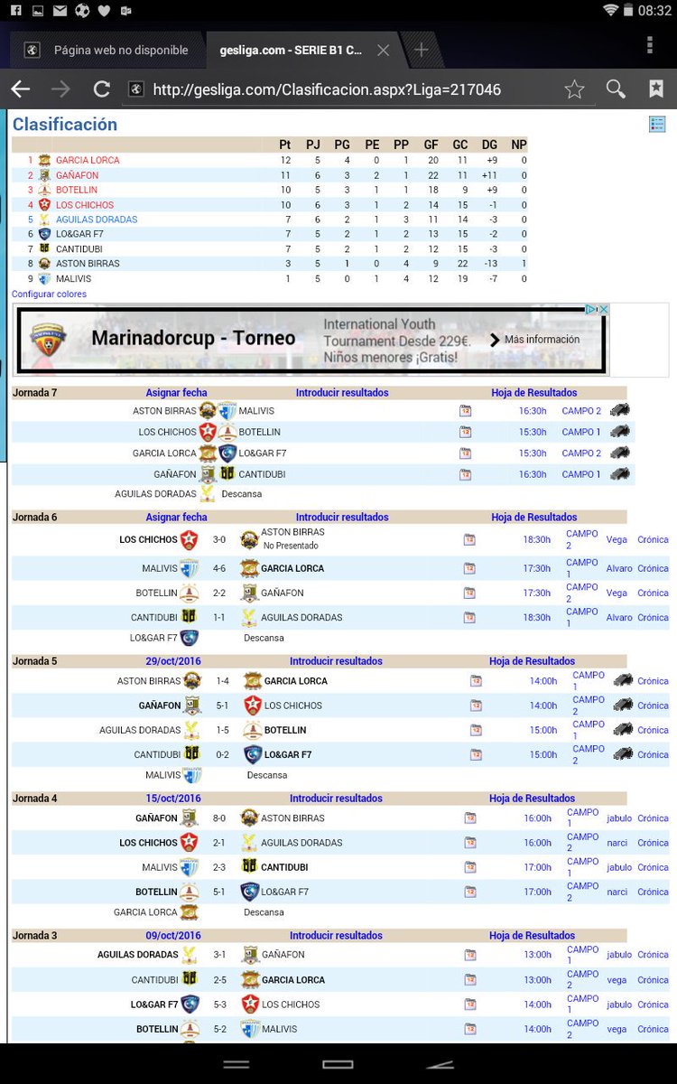 Serie B G1
<a href="/losmalivis/">Los Malivis ©</a> <a href="/aguilasdor_fc/">AGUILAS DORADAS F.C.</a> <a href="/garcialorca7/">Garcia Lorca</a> <a href="/loschichosfc/">Chichos Futbol Club</a> <a href="/CDBOTELLIN/">C.D.BOTELLIN</a> <a href="/AstonBirras7/">Aston Birras</a> <a href="/CantidubiFC/">Cantidubi FC</a> <a href="/LOGARF7/">LO&GAR F.7</a> <a href="/ganafon2011/">Gañafon F.C.</a>