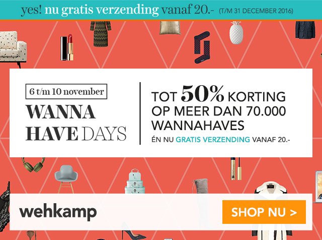 shopkorting's tweet image. Wehkamp Wannahave Days vandaag gestart! Shop met 50% #korting bij #wehkamp en profiteer ook van #gratis verzending! bit.ly/2fHDX2n
