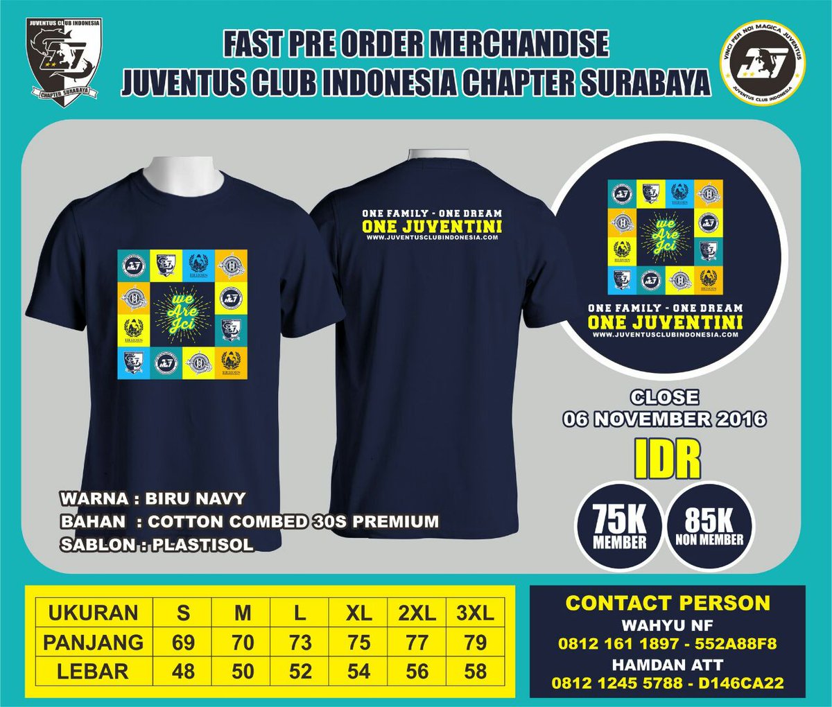 Hari ini terakhir utk pemesanan dan pelunasan t-shirt one juventini. Utk yg sdh transfer segera konfirmasi yes.