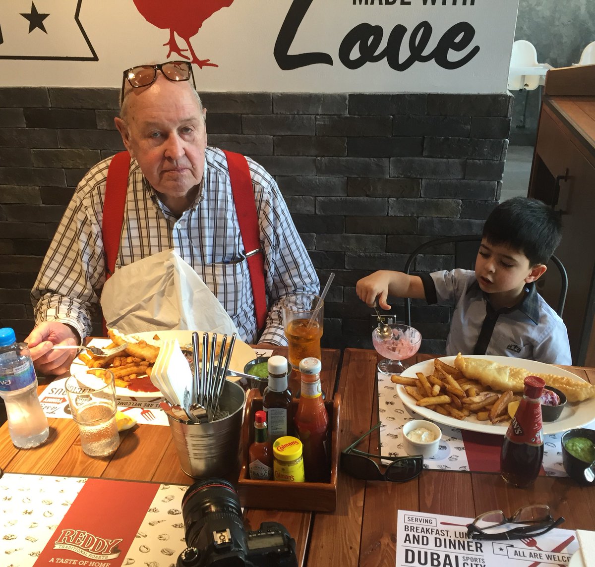 richardradiodxb's tweet photo. Brought the toughest critics to review Jack's Plaice: 80-ur-old dad &amp; 3-ur-old son! Mabruk @JamesEntertain, best fish &amp; chips in DXB! https://t.co/QzZSEb7vJk