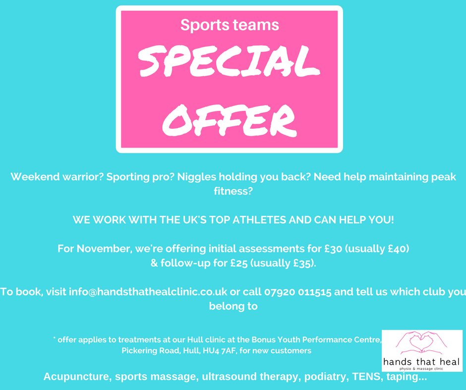 Weekend warrior? Keen athlete? We have a special offer for members of local sports clubs. To book: 07920 011515 or handsthathealclinic.co.uk/book-a-session