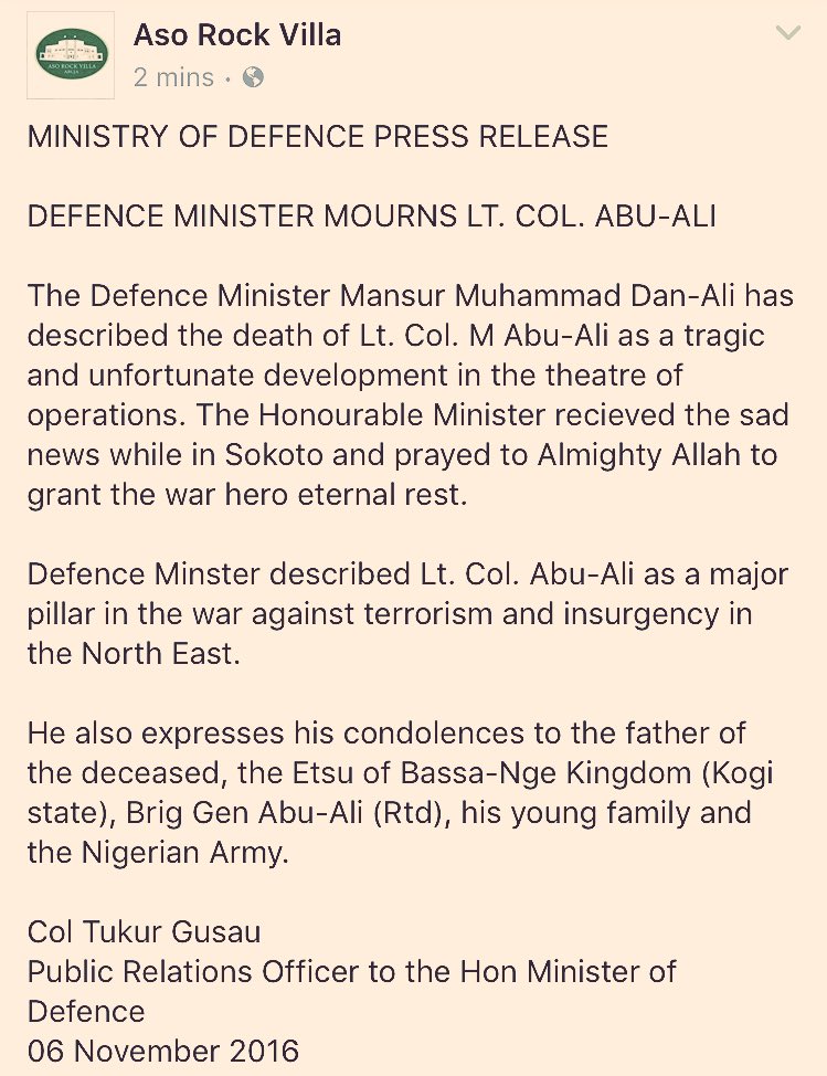 NigeriaGov's tweet photo. Ministry of Defence Press Release: Defence Minister mourns Lt. Col. Muhammad Abu-Ali—https://t.co/htxfKa7Hf6 https://t.co/CfG0tMFXWC